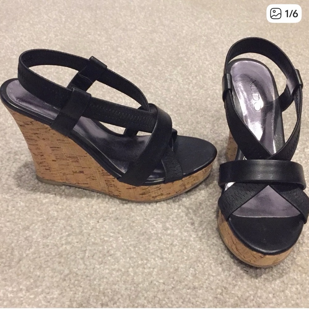 Aldo Black Cork Wedge Sandals